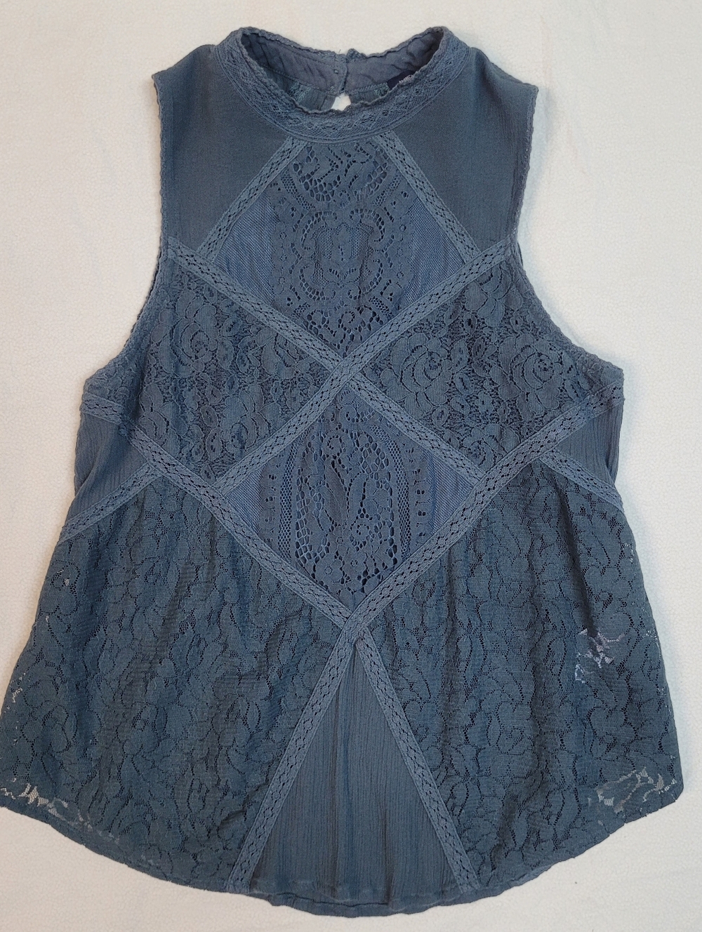 American Eagle Blue Grey Floral Lace Mock Neck Tank-MED Festival Fairy Boho